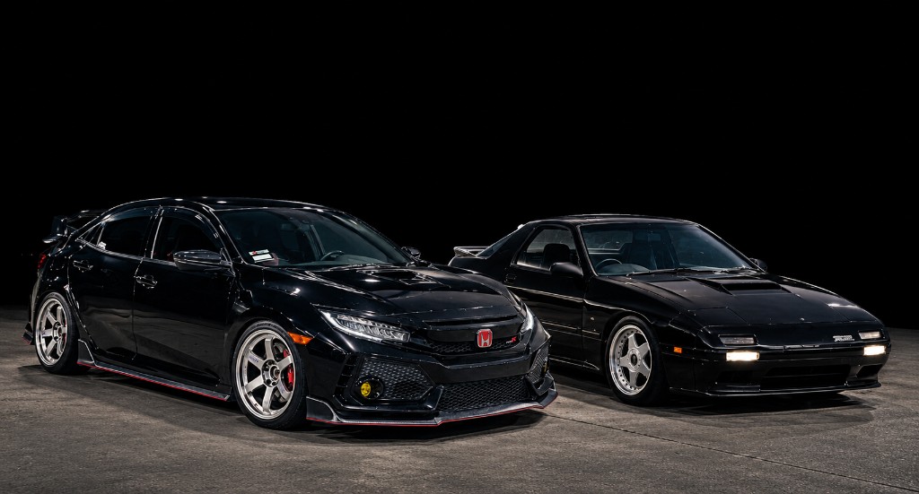 Black Honda Civic Type R and black Mazda RX-7 parked side by side